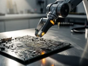 Precisie robotarm boven complexe printplaat op stalen werkbank, met gloeiende amber LED-indicator op het gewricht.