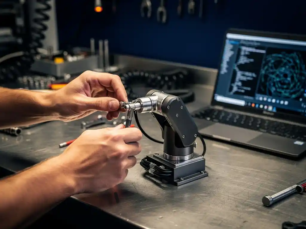 Ingenieurshanden die mechanische gewrichten afstellen op een compacte robotarm, met een laptop met motion control code op een stalen werkbank.