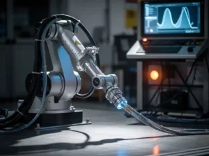 Industriële robotarm bevroren in beweging op fabriekshal, omgeven door sensorkabels en verlicht controlepaneel met tijdsdata.