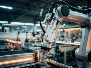 Precisie robotarm in beweging op fabrieksvloer, met scherpe focusp op gewrichtsmechanisme en vloeiende motion blur op achtergrond.