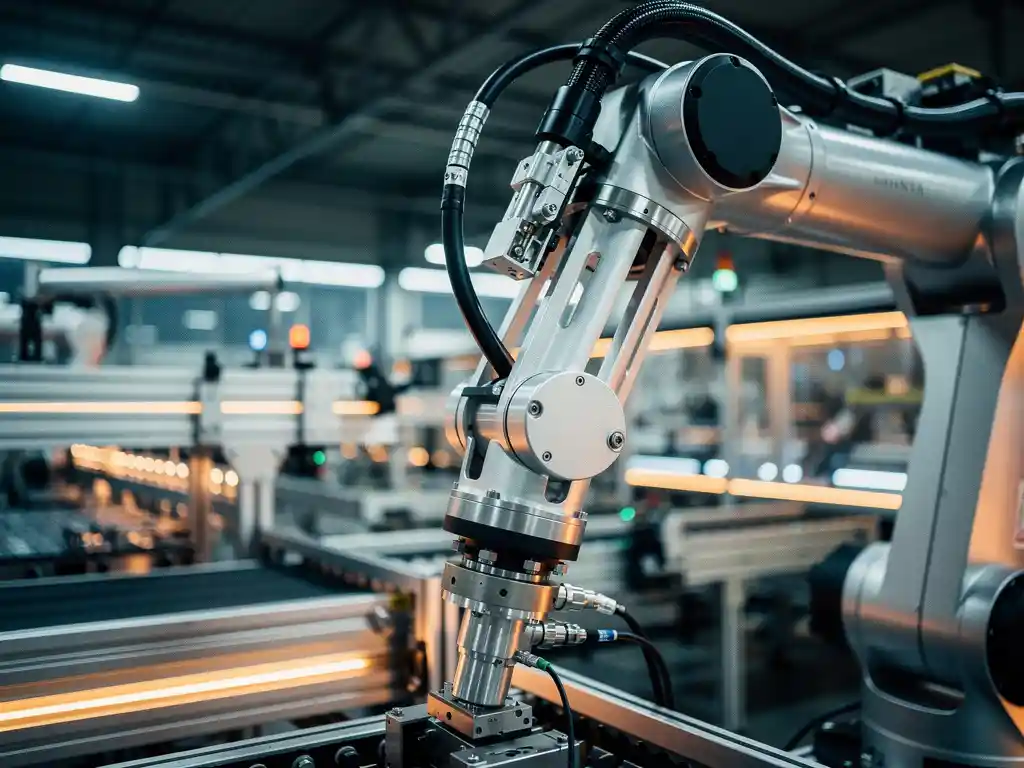 Precisie robotarm in beweging op fabrieksvloer, met scherpe focusp op gewrichtsmechanisme en vloeiende motion blur op achtergrond.