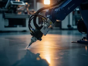 Industriële robotarm in beweging op fabrieksloer, met kabelsbundels bij gewrichten en amberkleurig waarschuwingslicht op gepolijst staal.