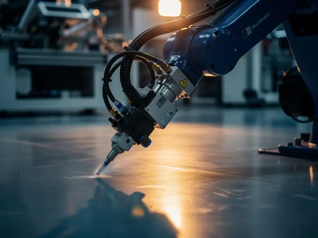 Industriële robotarm in beweging op fabrieksloer, met kabelsbundels bij gewrichten en amberkleurig waarschuwingslicht op gepolijst staal.