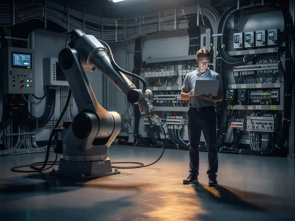 Industriële robotarm in beweging op productiевloer, omgeven door kabelboombundels, terwijl software-engineer diagnostiekdata bekijkt op laptop.