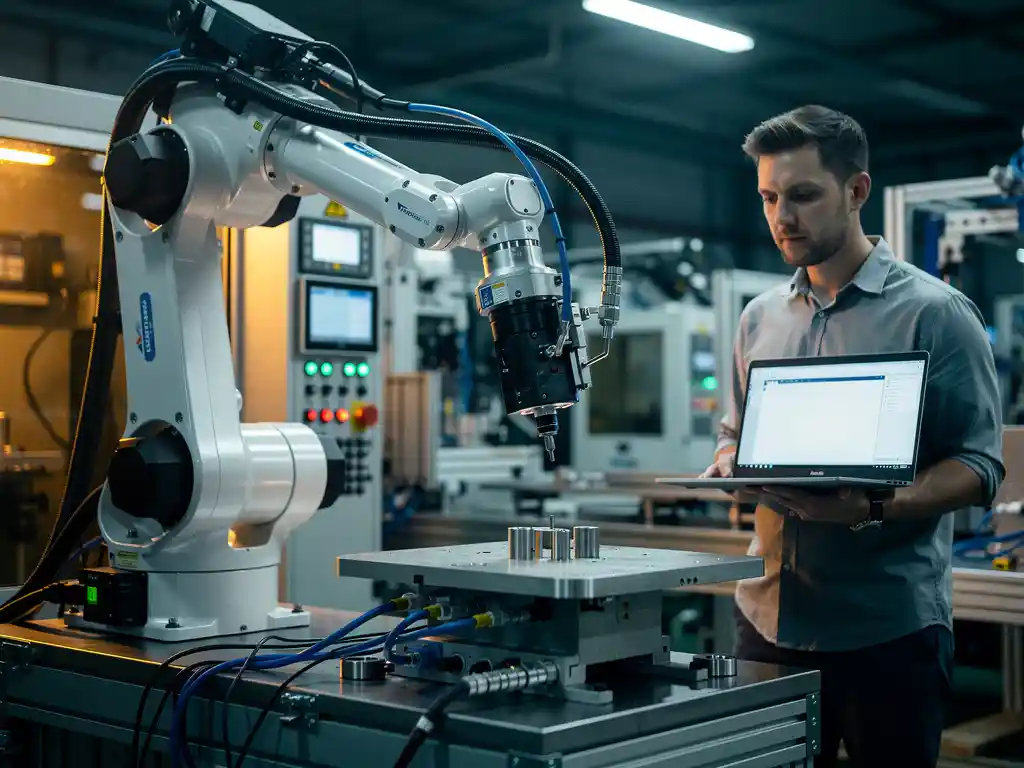 Industriële robotarm in beweging op precisie-productiefloer, softwareontwikkelaar met laptop observeert sensoren en bedieningspanelen.