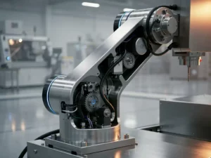 Precisie robotarm in beweging op fabriekshal met aluminium behuizing, blauwe en grijze stalen tinten en amberkleurige accentverlichting.