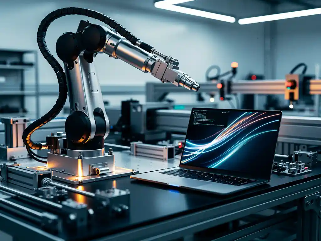 Industriële robotarm op precisieplatform naast laptop met code, verlicht door warm amberkleurig licht in moderne werkruimte.