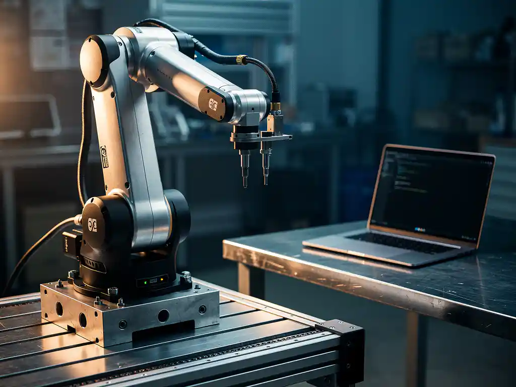 Industriële robotarm op precisiemachineframe naast laptop met code op stalen werkbank, staal-blauwe en amber tinten.