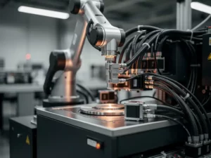 Precisie robotarm in beweging boven industriële machine, omgeven door kabelbusters en servomotoren in Nederlandse hightech faciliteit.