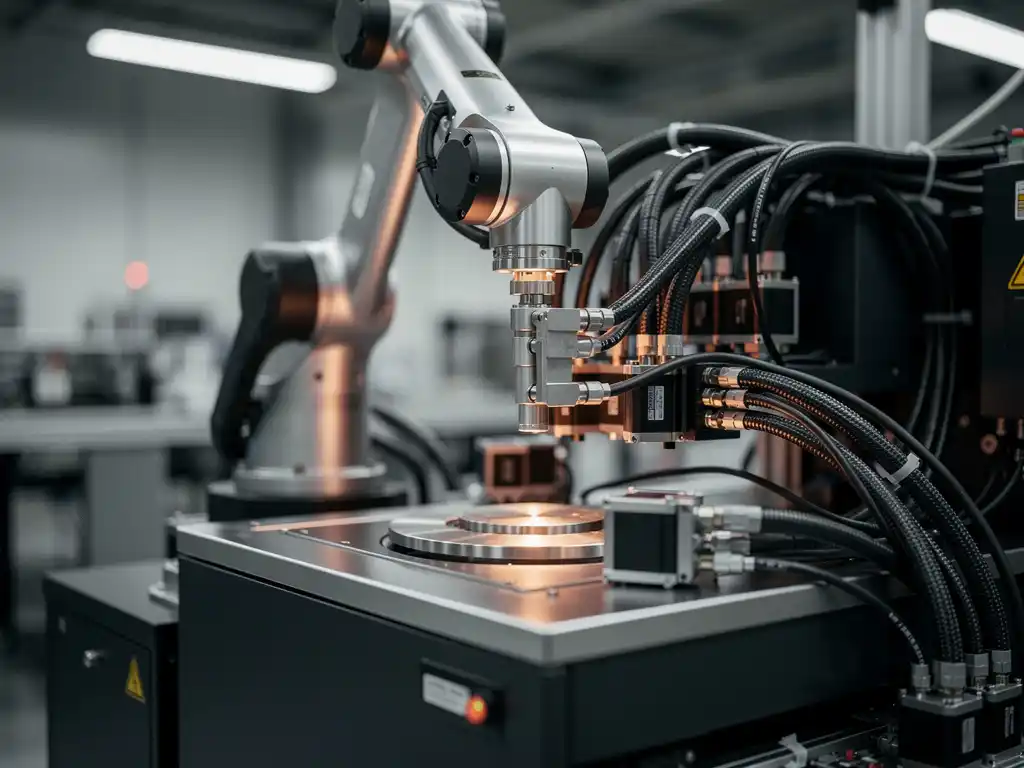 Precisie robotarm in beweging boven industriële machine, omgeven door kabelbusters en servomotoren in Nederlandse hightech faciliteit.