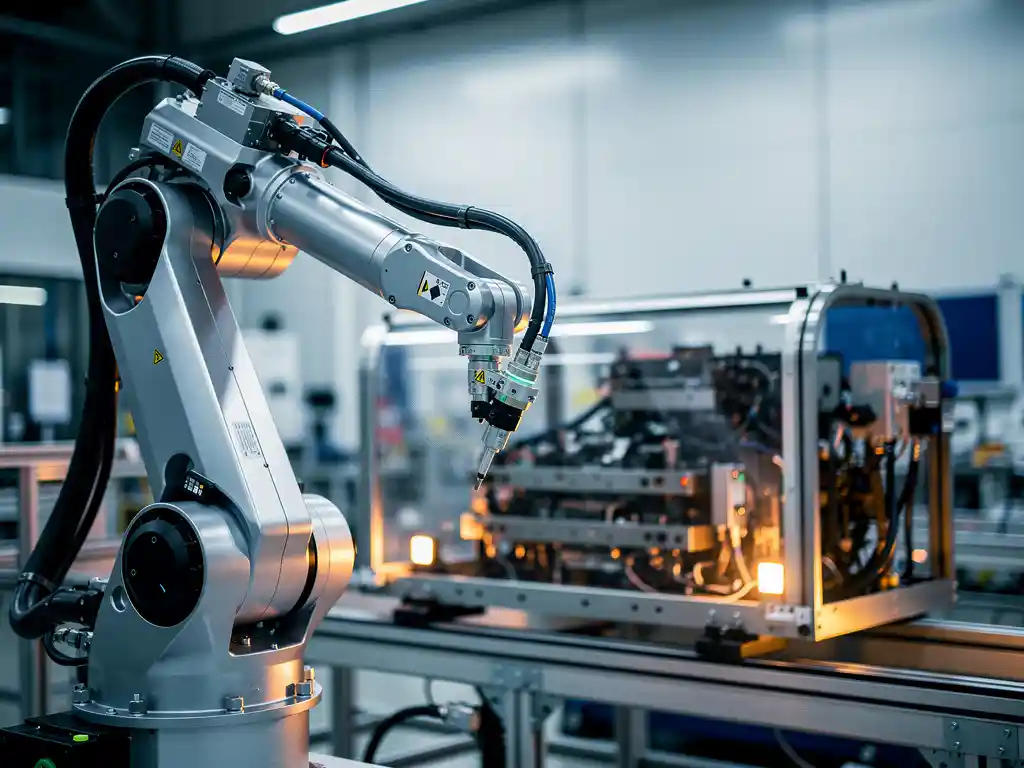 Precisie robotarm op industriële assemblagelijn in moderne Eindhovense fabriek, met gedeeltelijk gemonteerde hightech machine op de achtergrond.