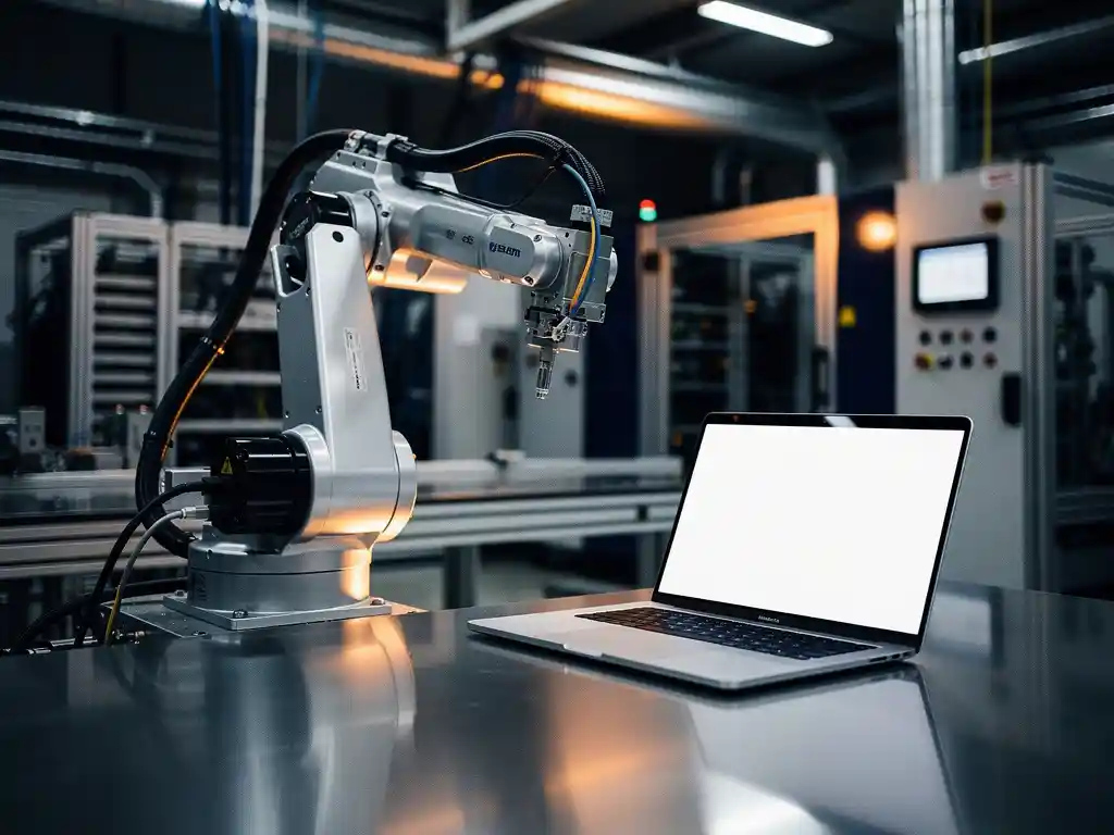 Industriële robotarm naast laptop met code op gepolijste stalen werkbank in moderne machinezaal met amber verlichting.