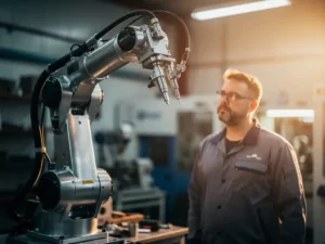 Industriële robotarm in beweging op productievloer, met ingenieur die het proces nauwlettend volgt in warme werkplaatsverlichting.