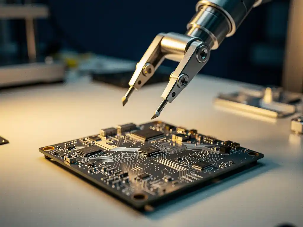 Robotarm boven een compacte printplaat in een hightech laboratorium, met gouden lichtval op soldeerverbindingen en metalen sporen.