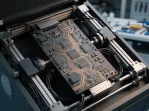 Robotarm-printplaat met koperen sporen en processorchips in industrieel machineframe, Eindhoven hightech werkplaats op de achtergrond.
