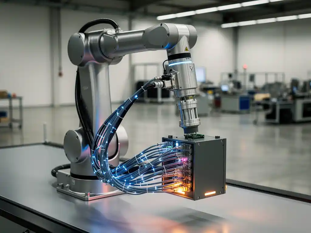 Precisie robotarm met vezeloptische kabels verbonden aan een embedded controller in een Nederlandse hightech productiefaciliteit.