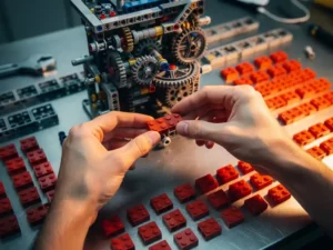 Handen van een software-engineer die een rode LEGO-testbrick plaatst in een half gebouwd LEGO-mechanisme op een werkbank.