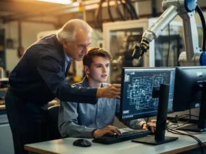 Ervaren ingenieur begeleidt jongere collega bij technisch diagram op monitor in industriële werkplaats met robotarm op achtergrond.