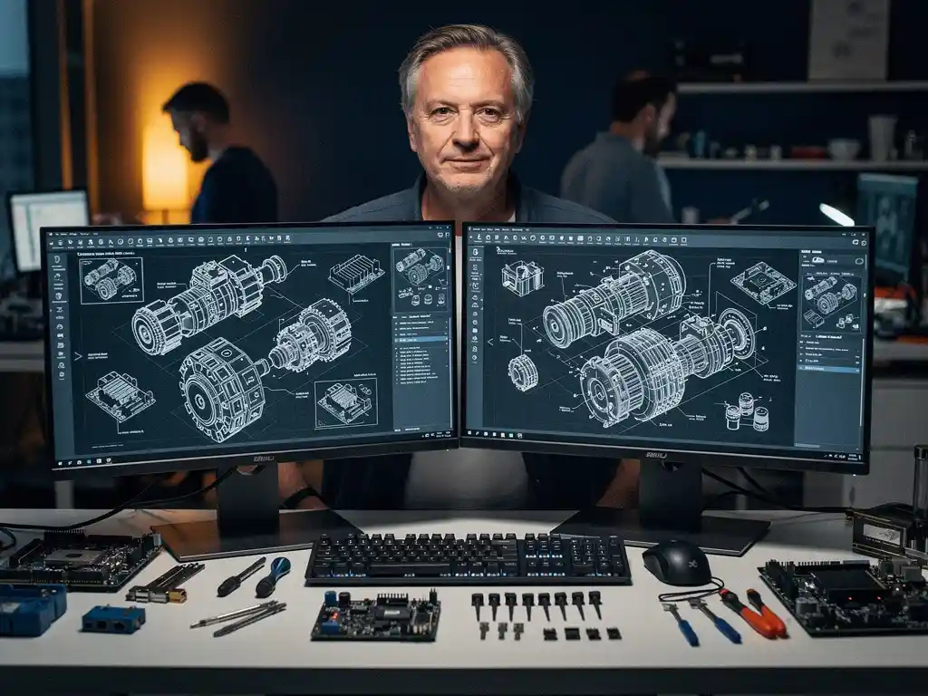 Senior software engineer bestudeert technische diagrammen op twee monitoren aan een modern werkstation in een open kantooromgeving.