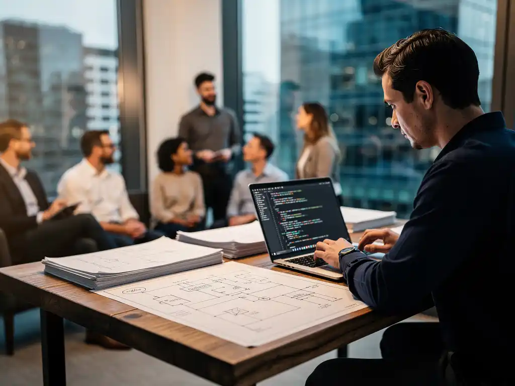 Software engineer aan houten bureau met technische schema's en laptop, agile team op achtergrond, glazen kantoorgebouwen door raam zichtbaar.