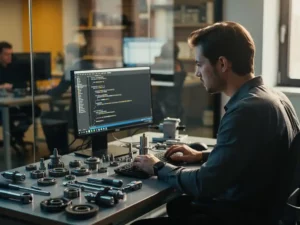 Softwareontwikkelaar werkt geconcentreerd aan bureau met mechanische componenten, code op monitor, kantoortuin op achtergrond.