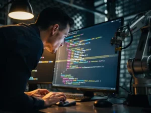 Software engineer bestudeert C#-code met breakpoint op monitor, robotarm op achtergrond in industriële werkruimte met warm amberkleurig licht.