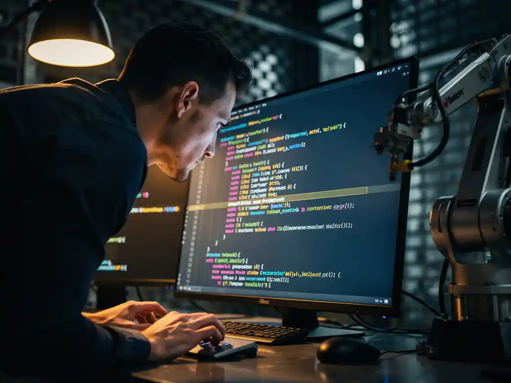 Software engineer bestudeert C#-code met breakpoint op monitor, robotarm op achtergrond in industriële werkruimte met warm amberkleurig licht.