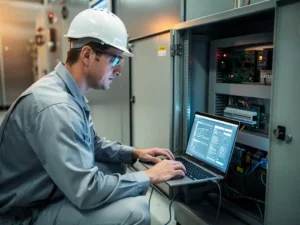 Software-engineer verbindt laptop via kabel met embedded besturingshardware in industriële cleanroom, diagnostische data zichtbaar op scherm.