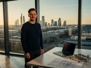 Zelfverzekerde software engineer bij panoramaraam met uitzicht op de skyline van Eindhoven, laptop en technische schema's op bureau in warm avondlicht.