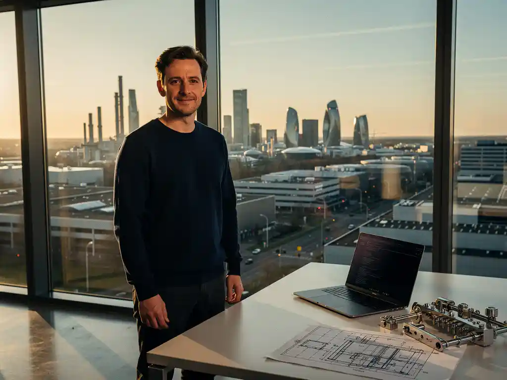 Zelfverzekerde software engineer bij panoramaraam met uitzicht op de skyline van Eindhoven, laptop en technische schema's op bureau in warm avondlicht.