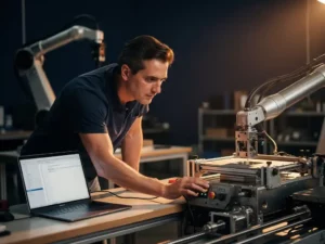 Software-engineer bij industrieel bedieningspaneel met open laptop met code, robotarm zichtbaar op achtergrond.