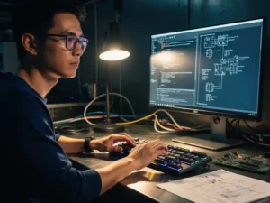 Software engineer met hand op mechanisch toetsenbord, omgeven door technische schema's en monitor met code, in industriële werkruimte.
