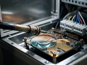 Verweerde soldeerbout naast een embedded printplaat in een industrieel machinepaneel, met zichtbare koperen sporen onder een vergrootglas.