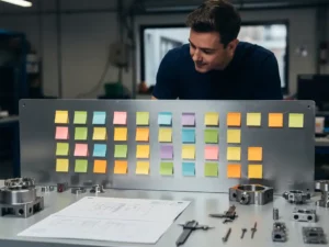 Software-engineer bekijkt een fysiek sprintbord met kleurgecodeerde sticky notes op een industriële werkbank met technische schema's.