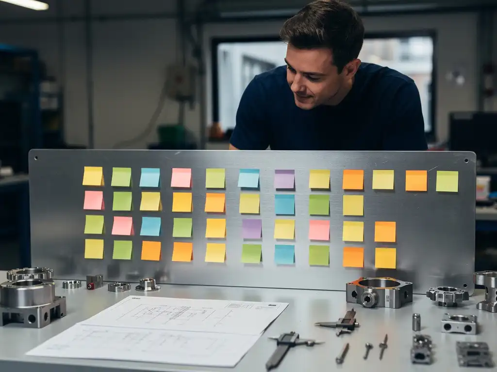 Software-engineer bekijkt een fysiek sprintbord met kleurgecodeerde sticky notes op een industriële werkbank met technische schema's.