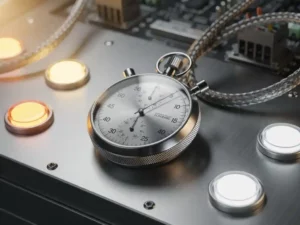 Precisie stopwatch op industrieel bedieningspaneel met gloeiende statusindicatoren en metalen kabels op de achtergrond.