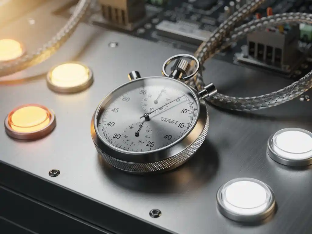 Precisie stopwatch op industrieel bedieningspaneel met gloeiende statusindicatoren en metalen kabels op de achtergrond.
