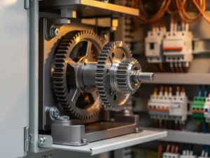 Precisie-gefreesd tandwielsamenstel in open industriële schakelkast, met koperen bedrading en connectors op de achtergrond.