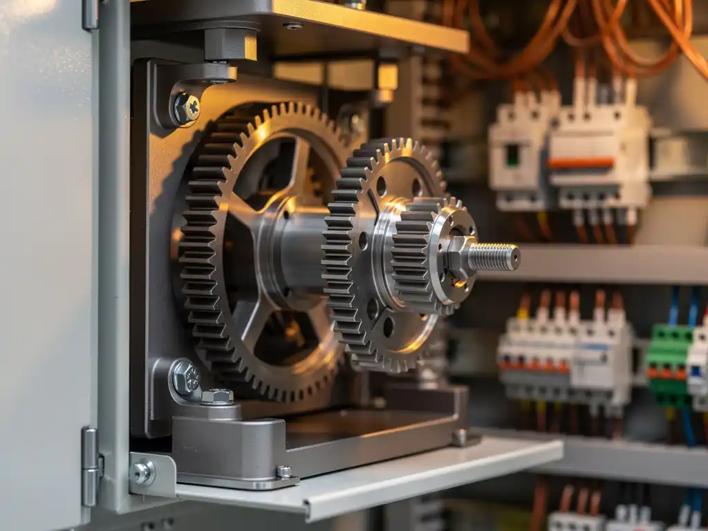 Precisie-gefreesd tandwielsamenstel in open industriële schakelkast, met koperen bedrading en connectors op de achtergrond.