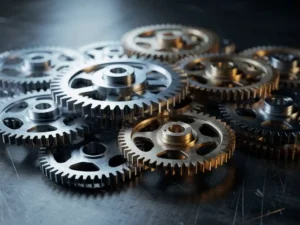 Cluster van nauwkeurig bewerkte metalen tandwielen die samenwerken op donker industrieel staal, verlicht met staalblauwe en amberkleurige tinten.