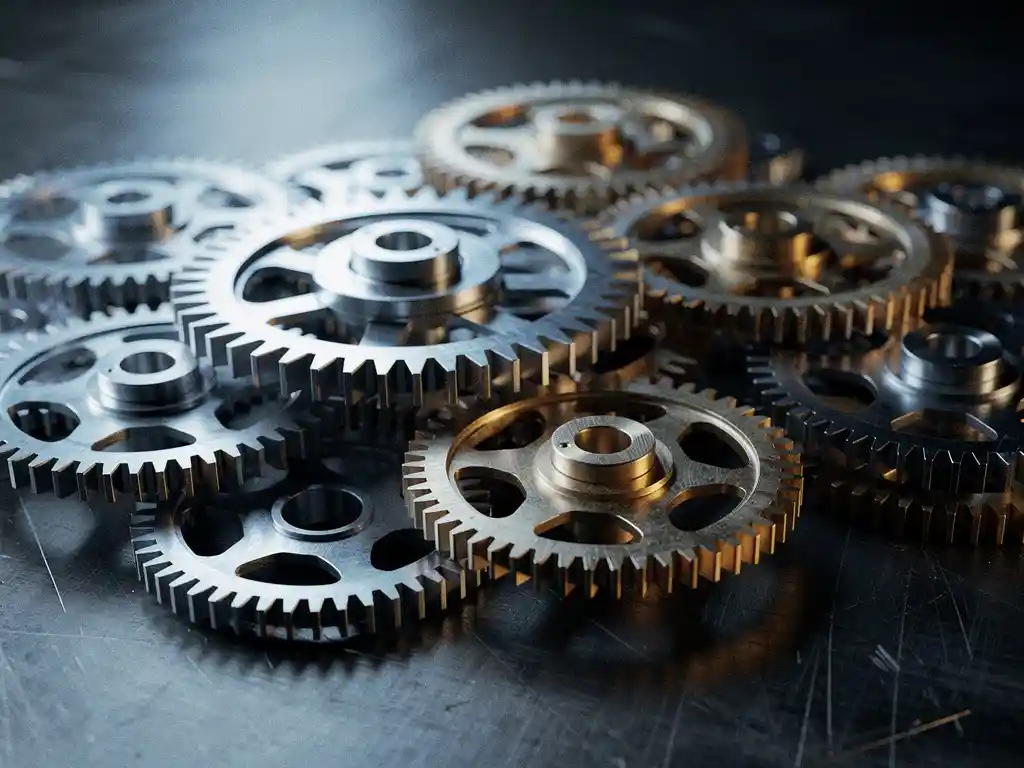 Cluster van nauwkeurig bewerkte metalen tandwielen die samenwerken op donker industrieel staal, verlicht met staalblauwe en amberkleurige tinten.