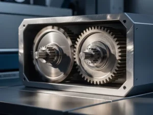 Twee metalen tandwielen in een industriële machine, één draaiend en één gepauzeerd, met dramatische zijverlichting op stalen ondergrond.