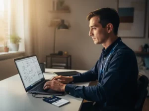 Software engineer werkt geconcentreerd op laptop met technische schema's, bedrijfslanyard op bureau, warm natuurlijk licht.
