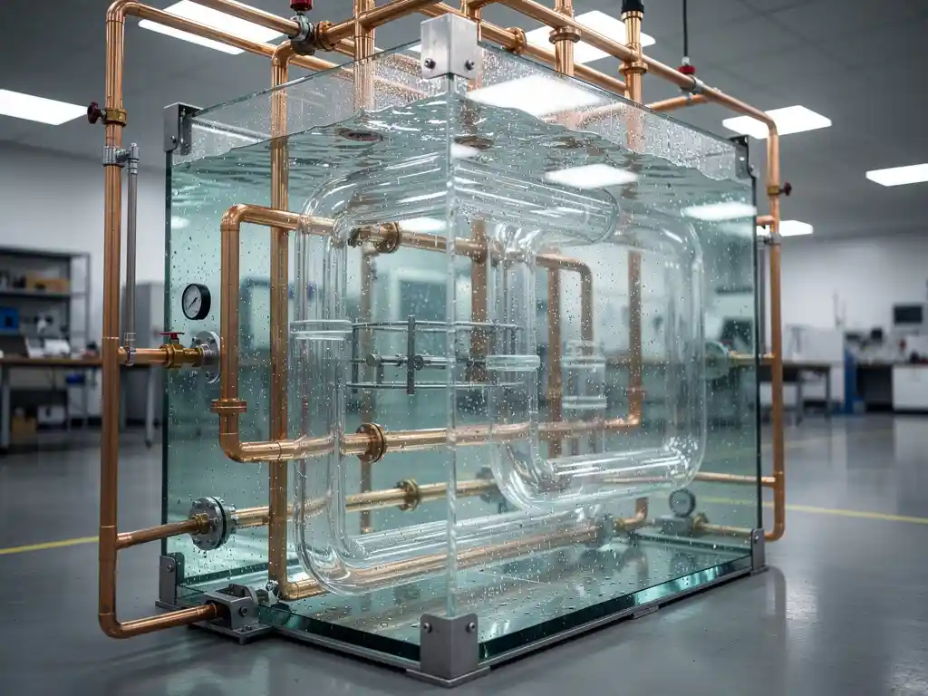 Transparante watertank met interne kamers en koperen leidingen in een industrieel laboratorium, met condensatiedruppels op het oppervlak.